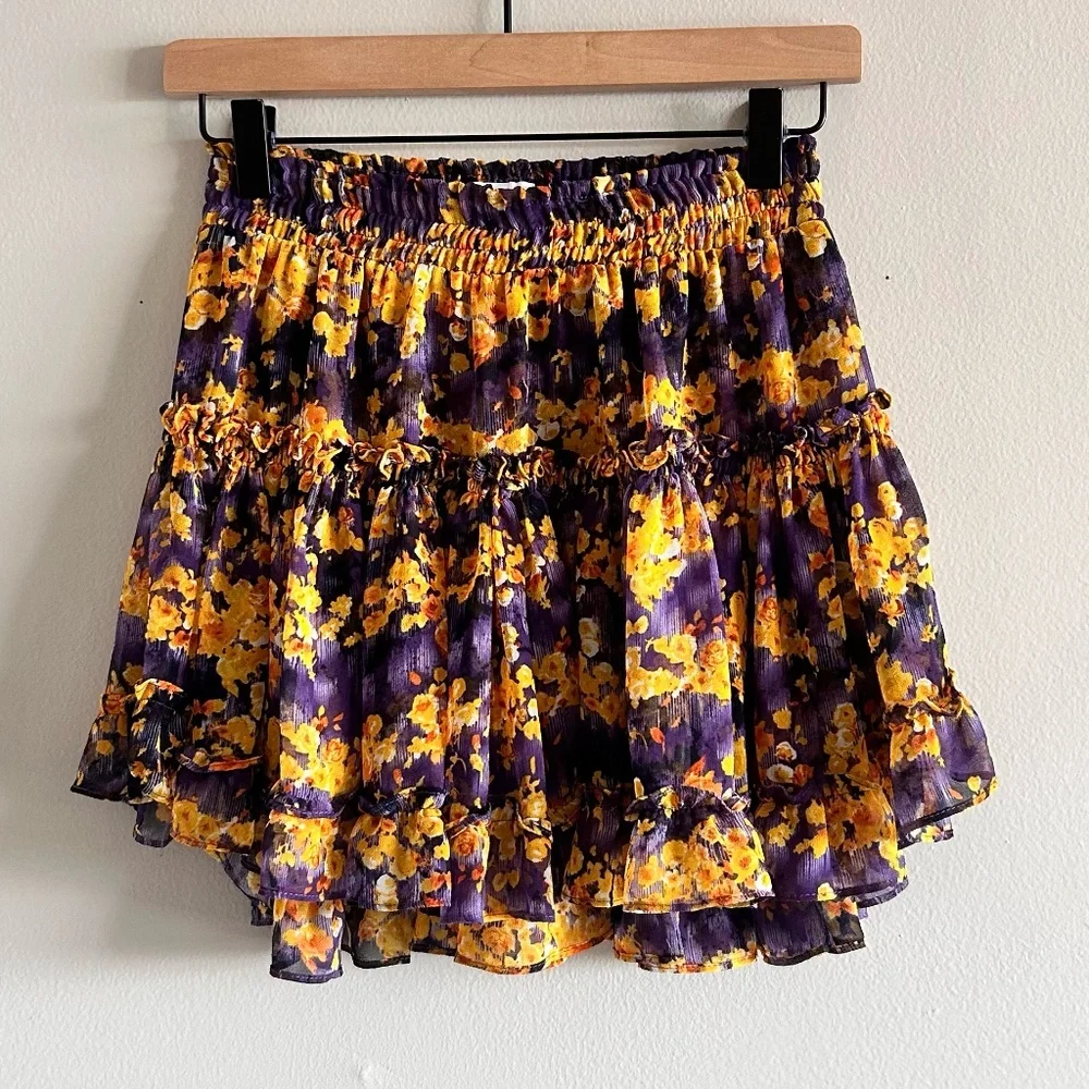 MISA Los Angeles Floral Mini Skirt | Yellow & Purple | Size Small